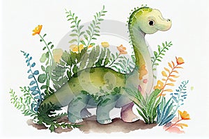 Cute baby dinosaur with plants, watercolor painting