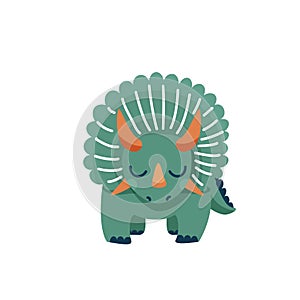 Cute baby dinosaur triceratops isolated on white background. Front view. Kid character dino monster for cool nursery