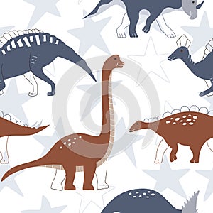 Cute baby dinosaurs in blue stars.