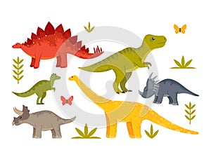 Cute Baby Dinosaurs, Dragons and Funny Dino Characters Set. Isolated Fantasy Colorful Prehistoric Happy Wild Animals