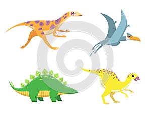 Cute baby dinosaurs. Funny cartoon dino running, standing and flying. Friendly colorful characters for children