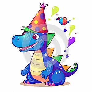 Cute baby dragon art with party caps. Cute dragon baby cartoon illustration on a white background. Colorful dragons wearing party