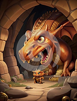 Cute baby dragon in the cave