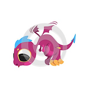 Cute baby dragon in flying action. Mythical purple monster with big eyes and little wings. Fantastic cartoon character