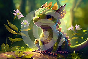 Cute baby dragon in spring forest