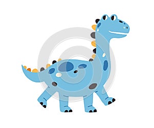 Cute baby dragon walking. Happy smiling dinosaur in Scandinavian style. Colored flat vector illustration of fairy child