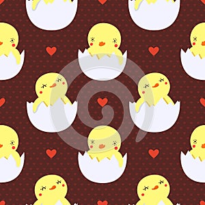 Cute baby ducks in eggs seamless pattern