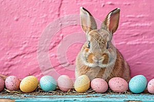 Cute baby Easter rabbit sitting on pink wall, pastel colored eggs