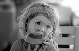 Cute baby eat apple. Portrait of cute adorable caucasian child kid eating fruit.