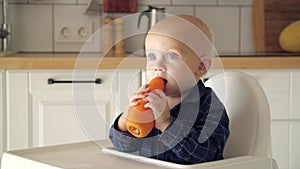 Cute baby eating carrot in a white kitchen. Healthy nutrition for kids. Bio carrot as first solid food for infant