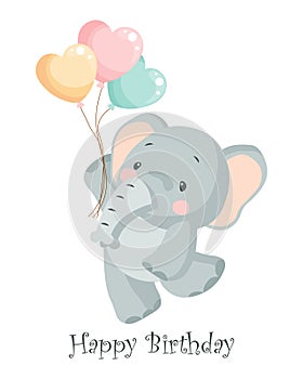 Cute baby elephant character with heart shaped balloons. Happy birthday card, kids illustration