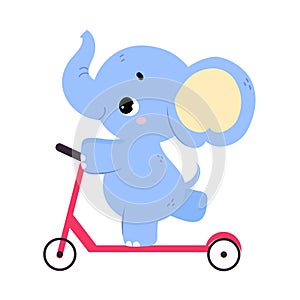 Cute Baby Elephant Character with Trunk Riding Scooter Vector Illustration