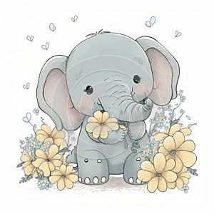 Cute Baby Elephant Floral, Wildlife, Innocent, Playful, Charming, Spring Flowers,