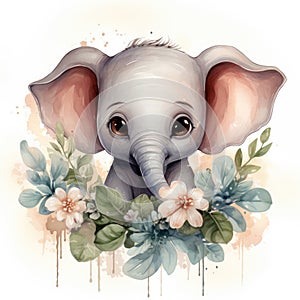 Cute baby elephant with floral wreath. Watercolor cartoon illustration