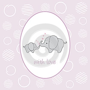Cute baby elephant and his mom with hearts. Cover design