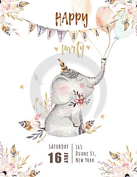 Cute baby elephant nursery animal isolated illustration for children. Bohemian watercolor boho forest elephant family