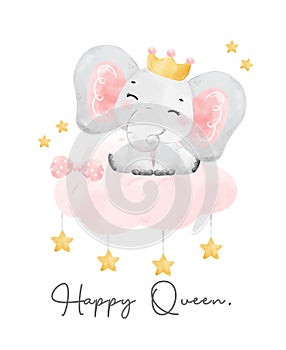 Cute baby elephant queen girl with crown in pink sitting on cloud, nursery watercolour cartoon drawing illustration