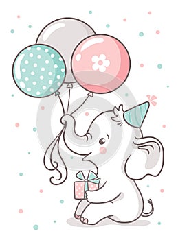 Cute baby elephant sits and holds a balloon balloons. Greeting card with a cute cartoon animal
