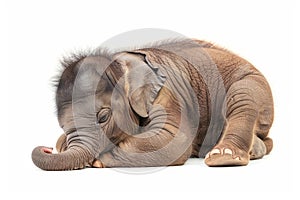 Cute baby elephant sleeping on a white background. Realistic elephant figure isolated. Concept of animals, zoology photo