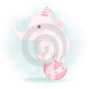 Cute baby elephant standing on ball hand drawn cartoon carnival watercolor illustration