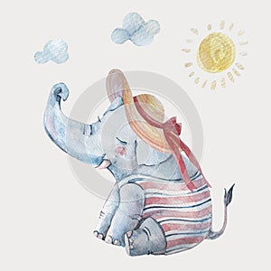 Cute baby elephant in swimsuite and large brimmed hat under sun isolated on background