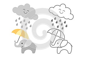Cute baby elephant under rainy cloud - filled and outlined