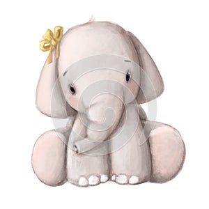 Cute baby elephant, watercolor illustration, children`s clipart with cartoon character