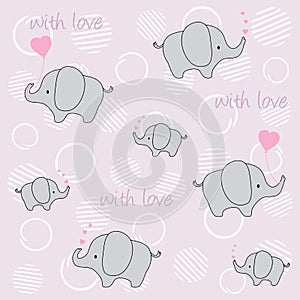 Cute baby elephants with hearts and balloons on a decorative background