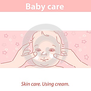 Cute baby face. Hands apply creme o baby skin.