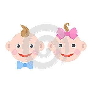 Cute baby faces of a boy and a girl on a white background