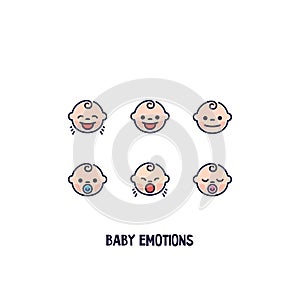 Cute baby faces emotions. Set of baby expressions. Isolated vector icon.