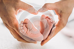 Cute baby feet in the heart shaped palms of his mother