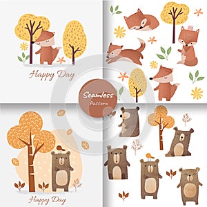 Cute baby fox and bear seamless pattern, for fabrics, textiles, children`s wear, wrapping paper