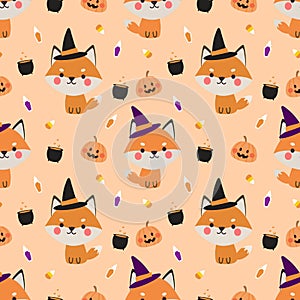 Cute Baby Fox in Halloween Seamless Pattern