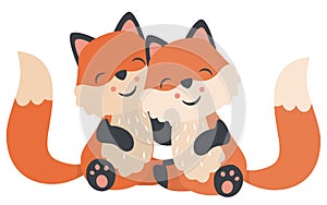 Cute Baby Foxes Hugging Sitting Valentines Day Flat Vector Illustration Isolated on White