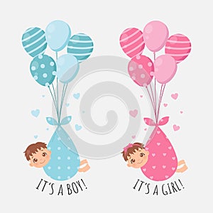 Cute baby gender reveal. Girl and boy infant flying with balloons. Newborn cartoon style.