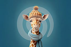 Cute baby giraffe in a knitted hat and scarf.