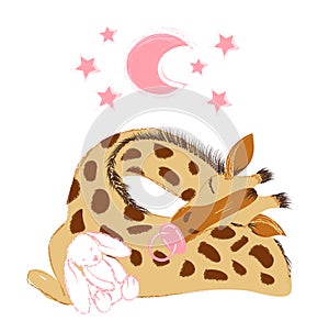Cute baby giraffe sleeping with a plush and a pacifier to celebrate new birth