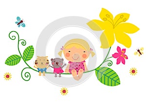 Cute baby girl and animals