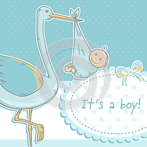 Cute baby girl announcement card with stork and ch