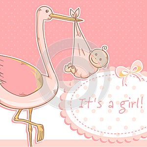 Cute baby girl announcement card with stork and ch