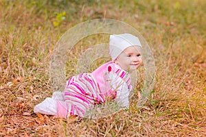 Cute baby girl in autumn leaves.