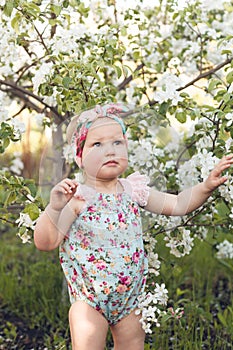 Cute baby girl on a background of white blossoms of an apple tree