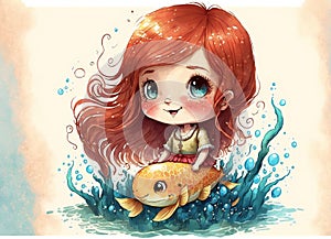 A cute baby girl with big blue eyes swims on a fish illustration in a watercolor style.