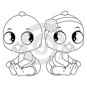 Cute baby girl and boy. Cute baby girl and baby boy with pacifiers. Vector black and white coloring page.