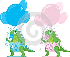 Cute baby girl and boy dinosaur characters holding colorful balloons for baby shower and gender reveal party