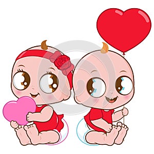 Cute baby girl and boy with red hearts. Cute Valentine day babies with red heart balloon. Vector illustration