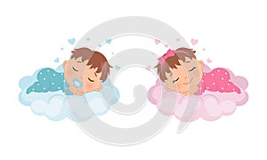 Cute baby girl and boy sleeping on a cloud. Illustration for baby shower, gender reveal, birthday party.