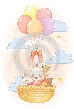 Cute Baby Girl with Bunny Teddy Bear Giraffe Riding Hot Air Balloon