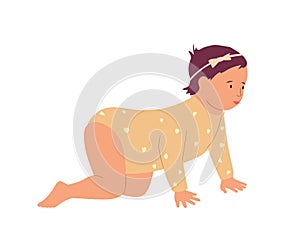 Cute baby girl crawling on floor. Cartoon toddler learning to walk. Isolated creeping adorable child in romper. Infant